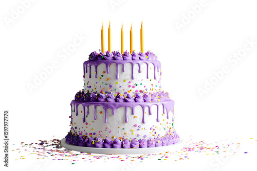 Two-tiered purple birthday cake with candles