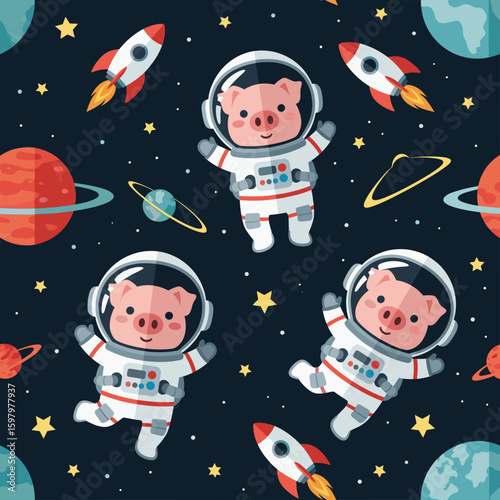 Cute pigs in space suits floating among planets and rockets. Ideal for children's books, textiles, and space-themed projects.