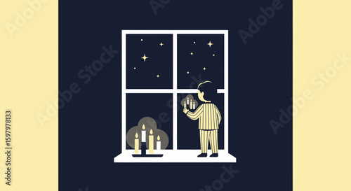 Nighttime Wonder Boy In Pajamas Staring At Sparkling Stars And Flickering Candles