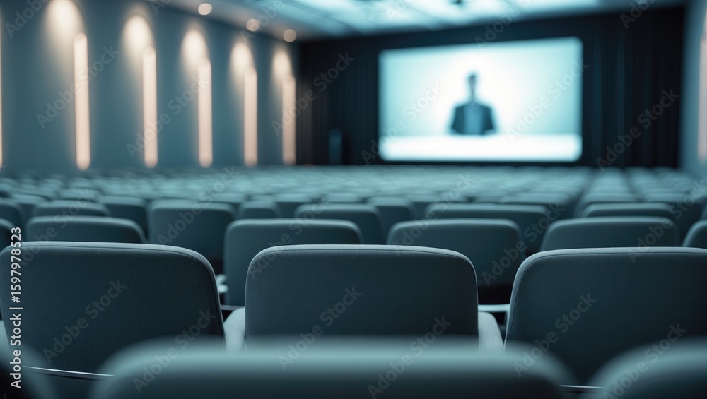 Obraz premium A conference or presentation room with empty chairs facing a large screen displaying a speaker or presentation.