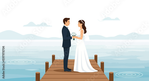 Romantic Lakeside Wedding Ceremony For Bride And Groom Vector Illustration