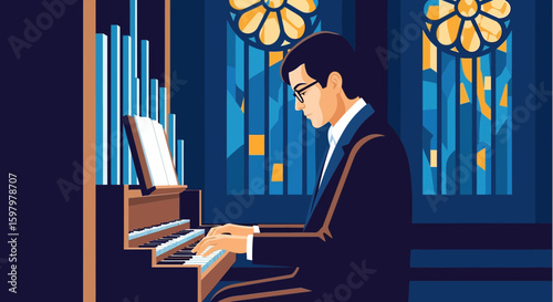 Organist Plays In A Historic Church During A Concert Or Religious Service