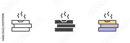 Stacked pizza boxes icon set in line, solid and filled outline style