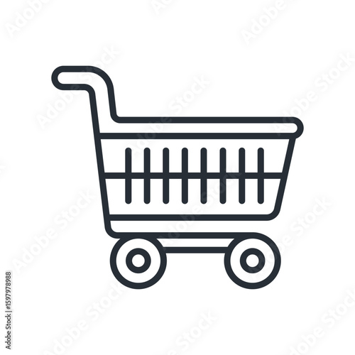 Shopping cart with wheels and basket line icon. Food shopping and e-commerce. Isolated vector illustration