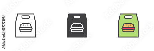 Takeout bag icon set in line, solid and filled outline style