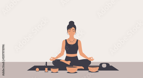 Woman Meditating With Sound Bowls For Relaxation And Mindfulness Practice