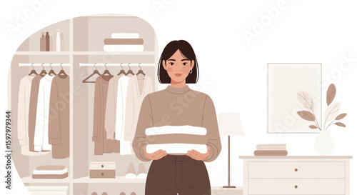 Woman Organizing Her Clothes In A Wardrobe At Home With An Interior Background