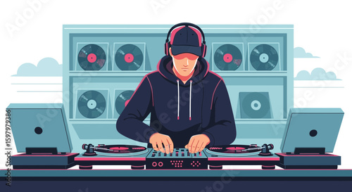 Passionate Dj Mixing Audio Tracks With Professional Equipment And Records