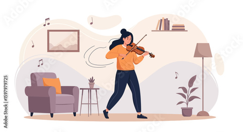 Passionate Woman Plays Violin At Home In Relaxing Environment With Soft Music