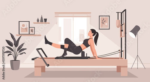 Woman Performing Pilates Reformer Exercises In A Minimalist And Serene Studio Setting