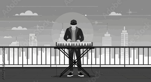 Urban Beats Rooftop Serenade Featuring Keyboardist Under Cityscape Skyline