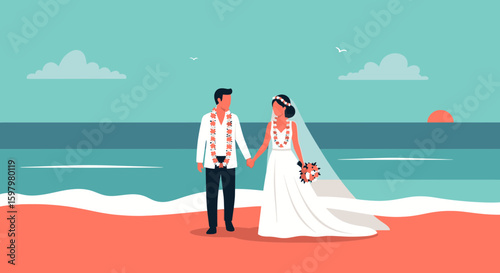 Romantic Tropical Wedding Ceremony On A Beautiful Beach At Sunset Illustration