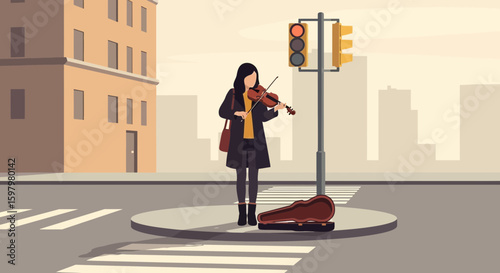Urban Serenade Young Woman Plays Violin on City Street Corner Illustration