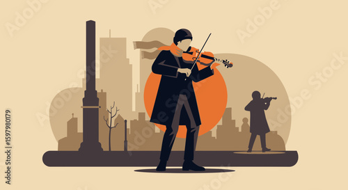 Urban Violinists Silhouettes In Cityscape Creating Harmony And Captivating Audiences
