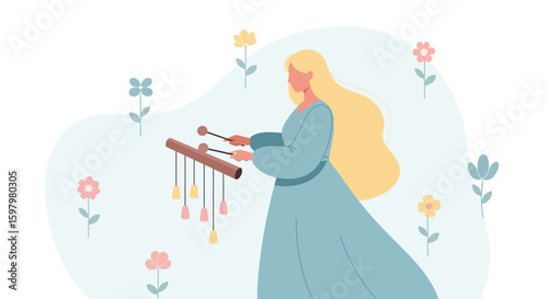 Woman Playing Musical Instrument Amidst Blooming Flowers In A Tranquil Garden