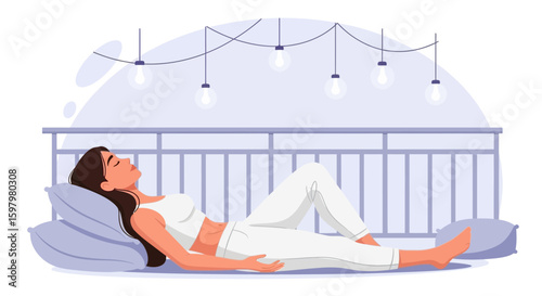 Peaceful Moment Woman Enjoying Restful Relaxation Under String Light Serenity