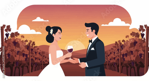 Romantic Vineyard Wedding Toast As The Sun Sets Over The Beautiful Scenery