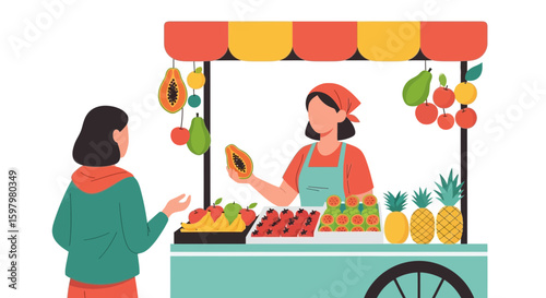 Vendor Offering Fresh Tropical Fruits At An Open Air Market Stand