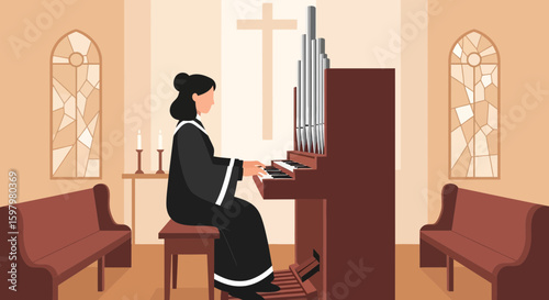 Woman Playing Organ Inside Church With Stained Glass Windows And Cross