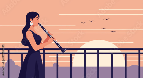 Woman Plays Clarinet on Balcony At Sunset Melodic Serenade During Peaceful Evening