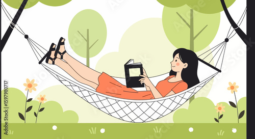 Peaceful Woman Enjoying Book Relaxing In Hammock Under Trees On Summer Day