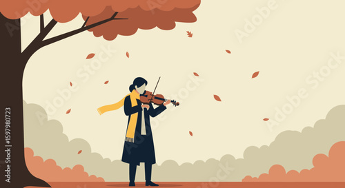 Woman Plays Violin In An Autumnal Landscape Amidst Falling Leaves