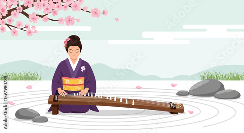 Woman Plays Koto In Japanese Garden With Cherry Blossoms In Springtime