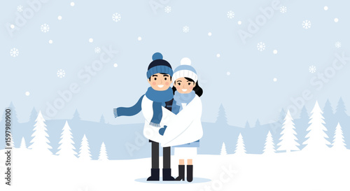 Romantic Winter Escape Young Couple Enjoying a Snowy Landscape Illustration
