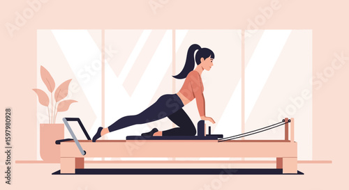 Woman Practices Pilates On Reformer For Body Strength In Health Studio