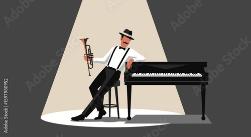 Vintage Musician With Trumpet And Piano Performing Jazz Music On Stage