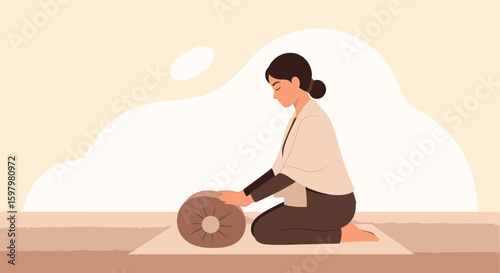 Woman Practices Yoga And Meditation With Bolster On Mat For Mental Wellness