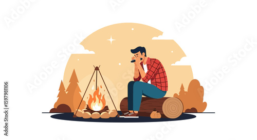Pensive Young Man Reflecting By Bonfire At Campground Enjoying Calm Outdoor Scenery