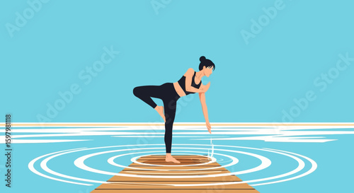 Woman Practicing Balance Pose on Wooden Platform Over Water for Wellness