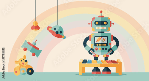 Vintage Toy Scene Featuring A Robot Playing A Xylophone With Playful Mobile