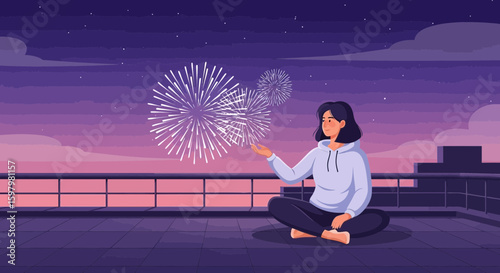 Rooftop Celebration Girl Witnessing Fireworks Display At Dusk Scene