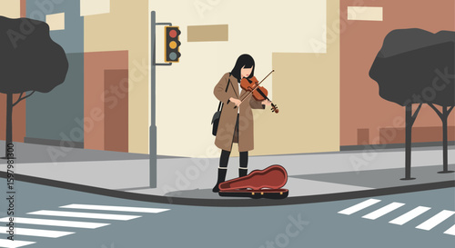 Violinist Performs on Urban Street Corner Near Crosswalk During Daytime