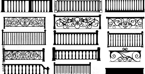 Set of vector set of Seamless illustration of different railings isolated on white. on white background
