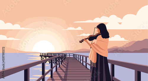 Violinist Plays On A Pier In Beautiful Sunset Scenery With Soft Tones