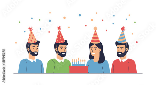 People Enjoying A Birthday Celebration With Confetti And Wearing Festive Party Hats