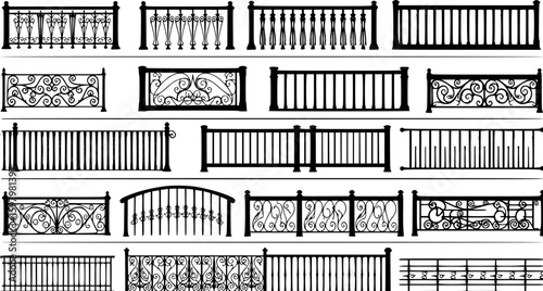 Set of vector set of Seamless illustration of different railings isolated on white. on white background