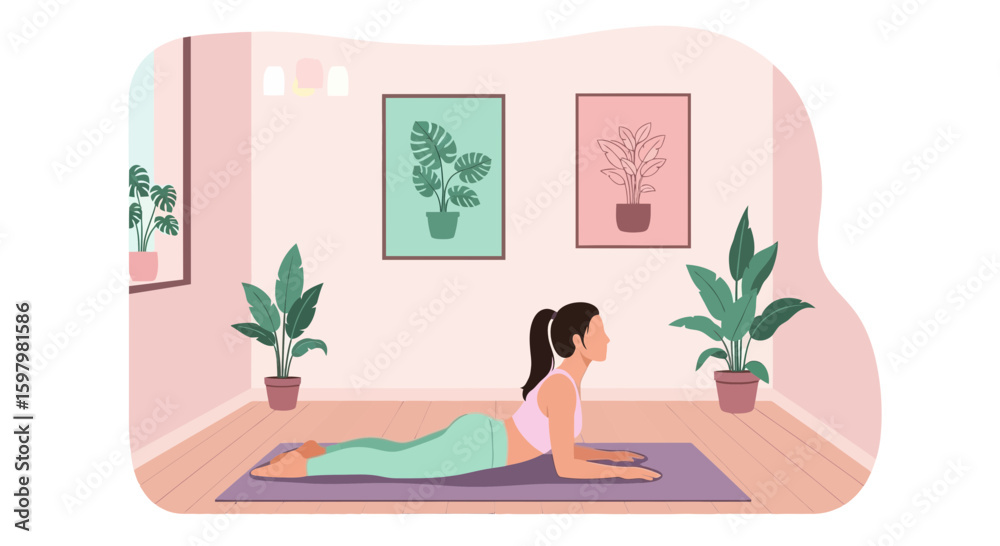Fototapeta premium Woman Practicing Cobra Pose In a Room With Plants And Pictures For Wellness