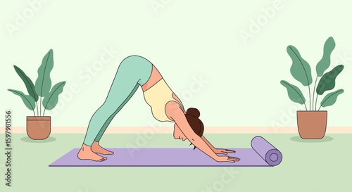 Woman Practicing Downward Dog Yoga Pose At Home With Decorative Plants