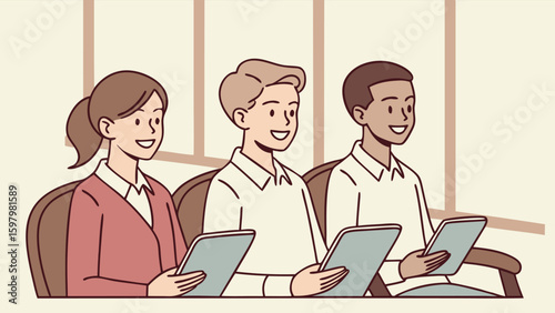 Diverse group of people attending a meeting or presentation holding tablets