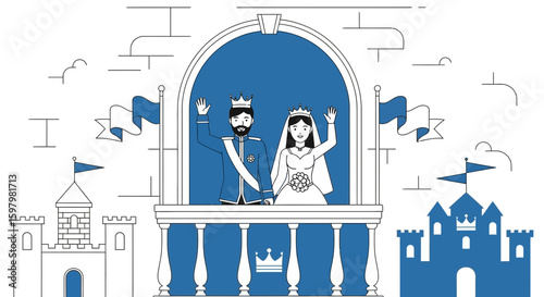 Royal Couple Waving From Balcony With Castles In A Blue And White Scene