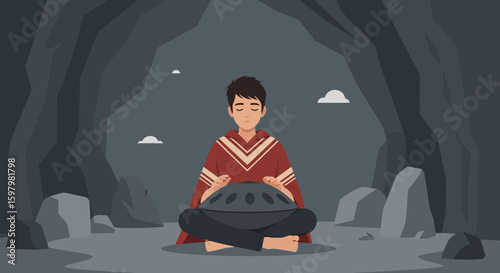 Person Playing Handpan In Cave For Meditation And Relaxation Concept