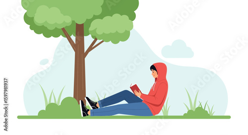 Person Reading Under A Tree On A Bright Day Relaxing Outdoors Illustration