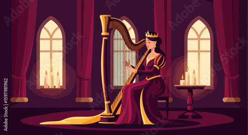 Royal Serenade Queen Plays Harp In A Grand Hall With Candle Light