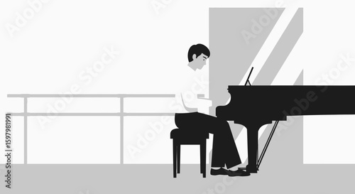 Pianist Lost In Music Playing Piano On Balcony Minimalist Monochrome Style