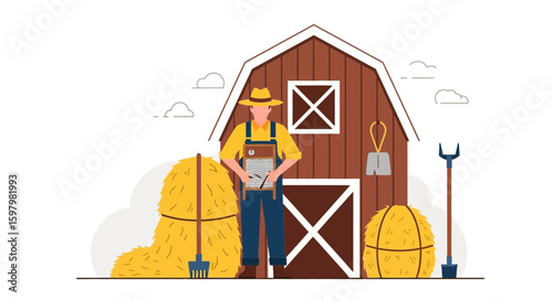 Rural Harvest: Farmer Planning on the Farm, with Barn and Haystacks Scenery