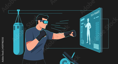 Virtual Reality Training In Gym Futuristic Fitness Technology With Boxing And Punching Bag